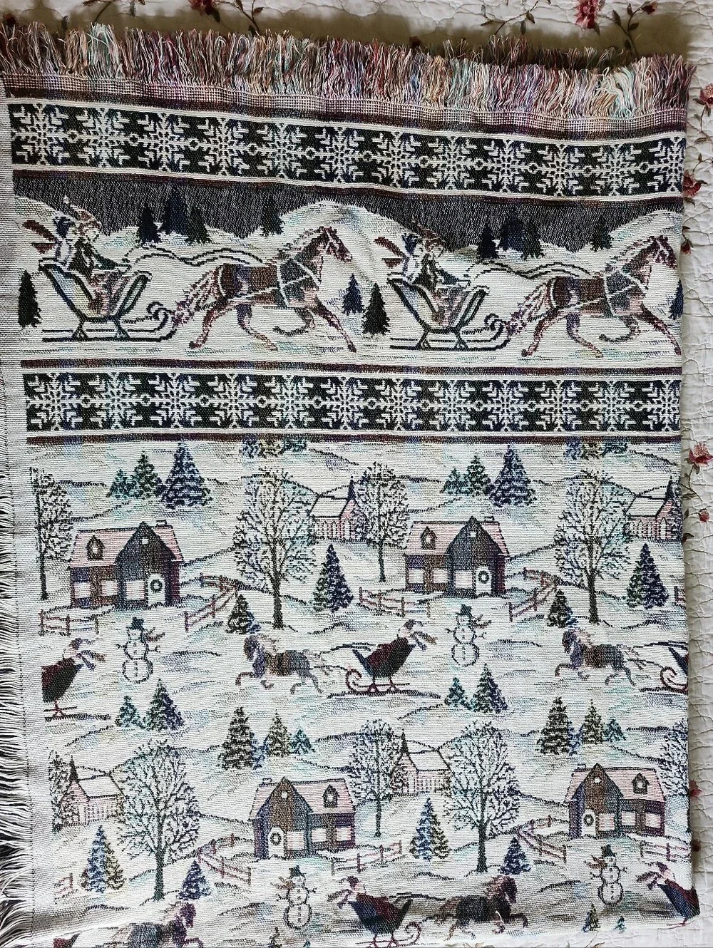 VTG Goodwin Weavers Winter Country Sleigh Ride Tapestry Throw Blanket 70”x 54”